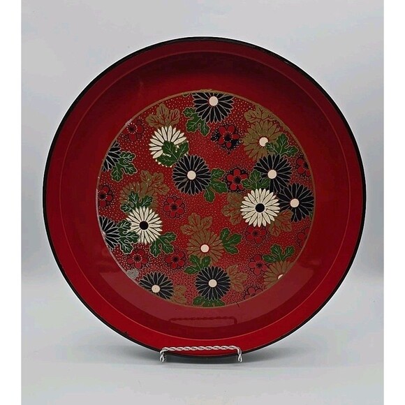 Vintage Round Red Lacquer Plastic Serving Tray Boho Flowers - Picture 1 of 11